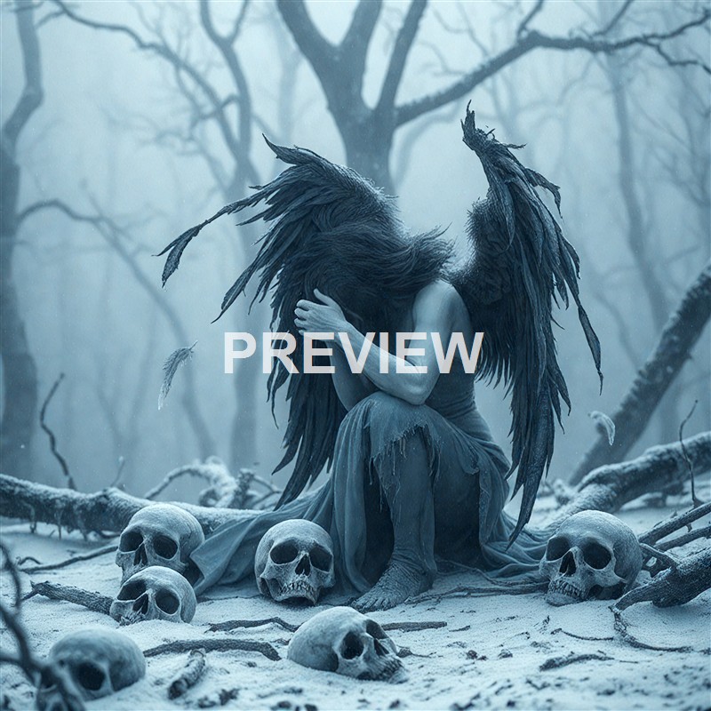 A dark, eerie scene featuring a humanoid figure with large, black feathered wings sitting on the ground in a snowy, desolate forest surrounded by human skulls, with leafless trees in the background.